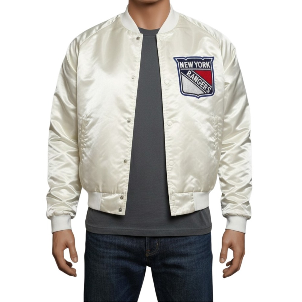 Vintage 1980s Chalk Line NY Rangers White Satin Jacket XL USA Made Rare